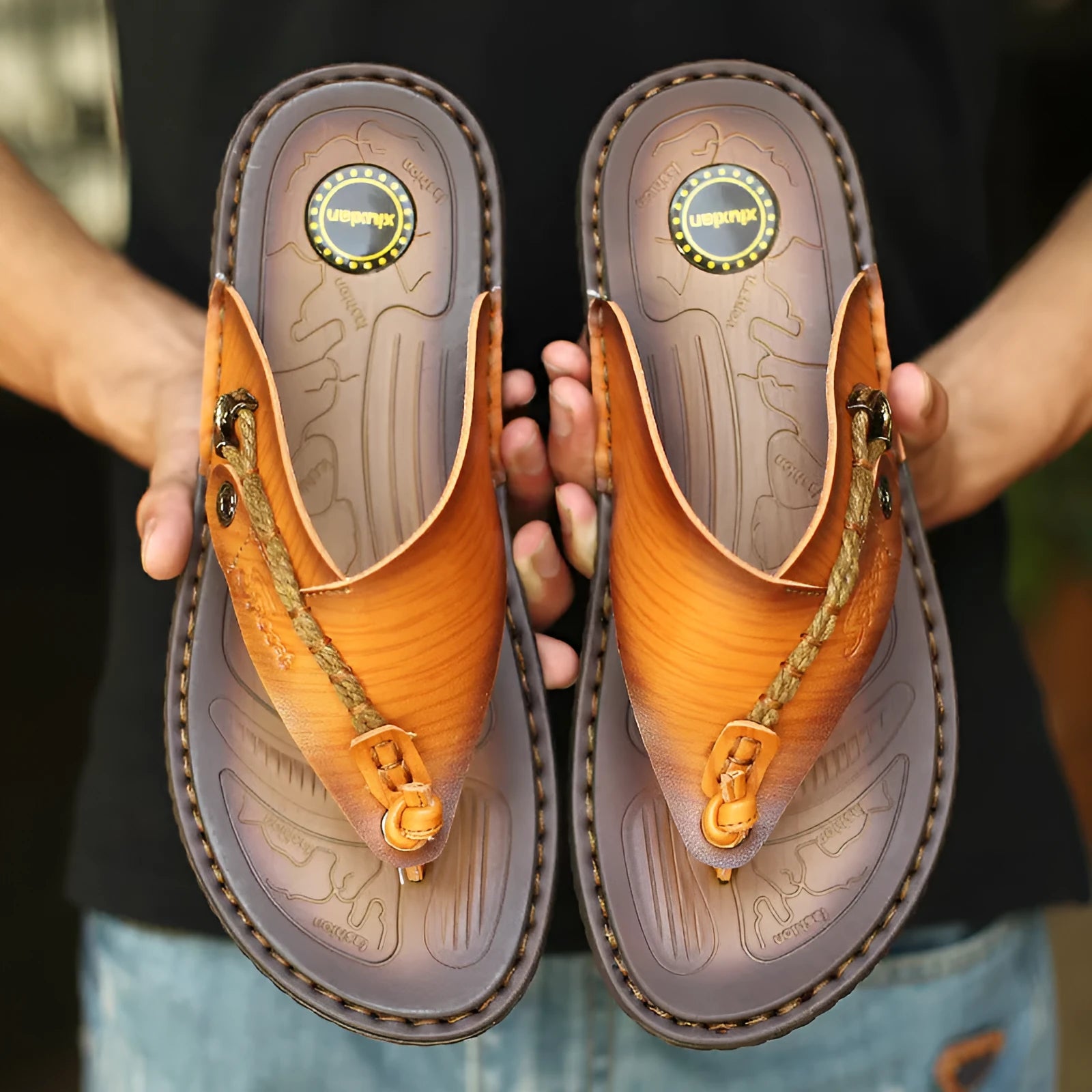 Men's herringbone patterned outdoor slippers in dark blue and khaki colours showing artificial PU upper and rubber sole