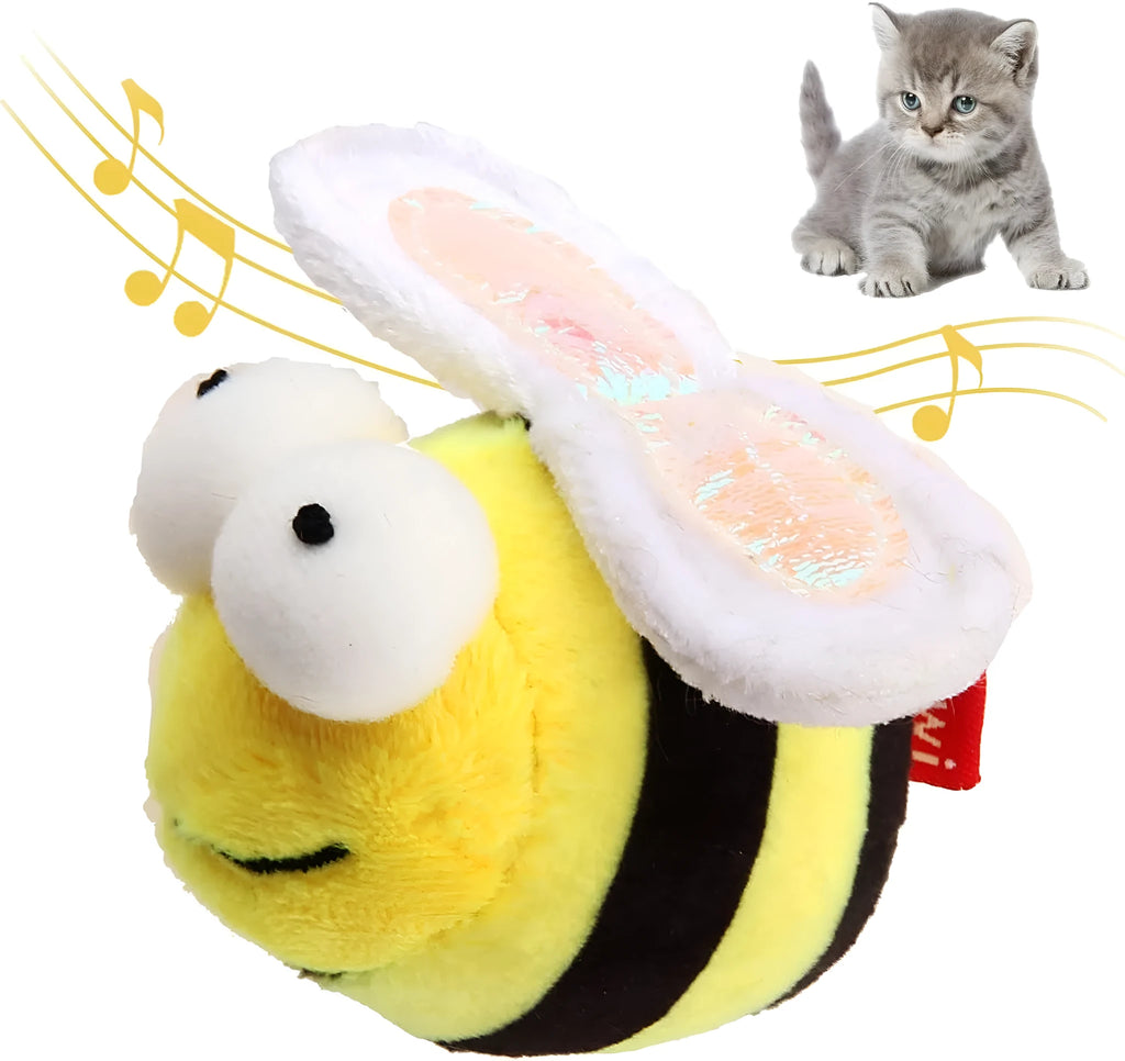Yellow bee-shaped interactive cat toy with motion-activated squeaking function