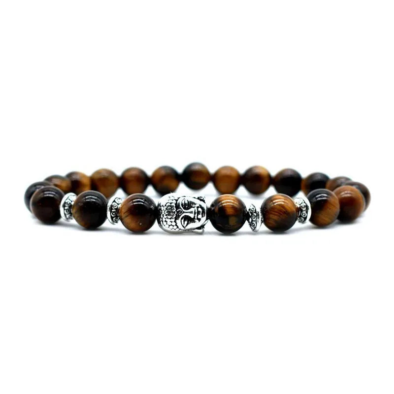 Tiger Eye bracelet with 19mm Buddha head charm, manual craft, unisex design.