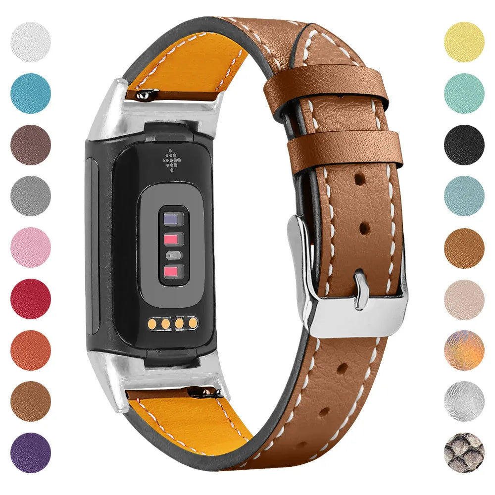 Genuine leather watch strap for Fitbit Charge 5 and Charge 6 fitness trackers on a wrist.