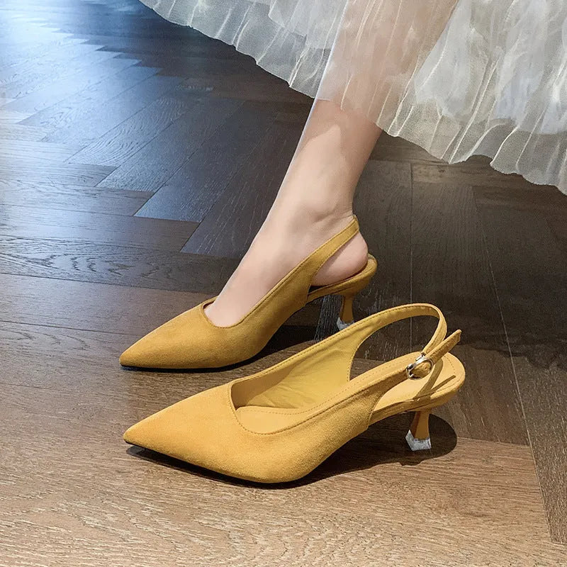 Women's stiletto heels with pointed toe in pink, blue, yellow, and apricot colours