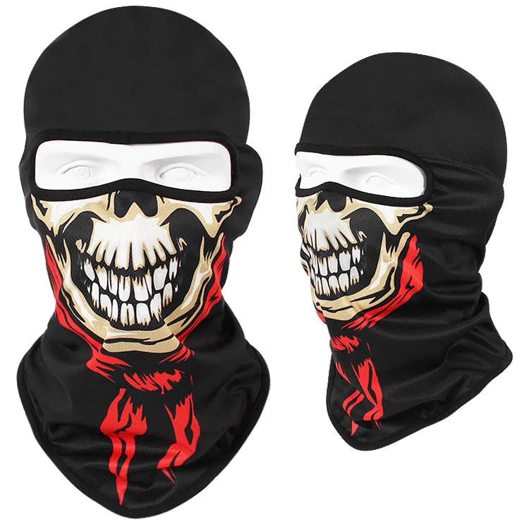 Breathable Bakool silk motorcycle skull mask in a graphic design, laid flat showing its 36cm by 29cm size.