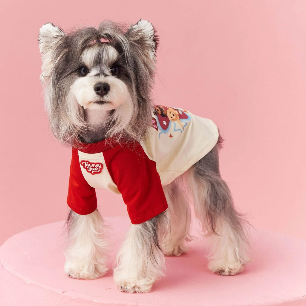 Cotton dog summer t-shirt with embroidered design in red or pink, sizes XS to XXL