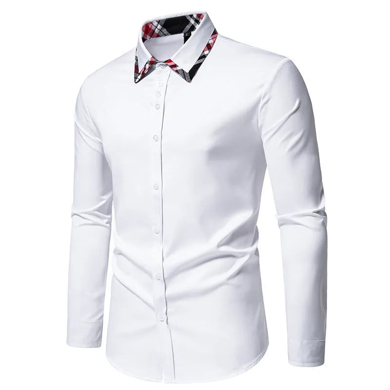 Men's plaid triangle collar long sleeve shirt in polyester blend available in multiple colours
