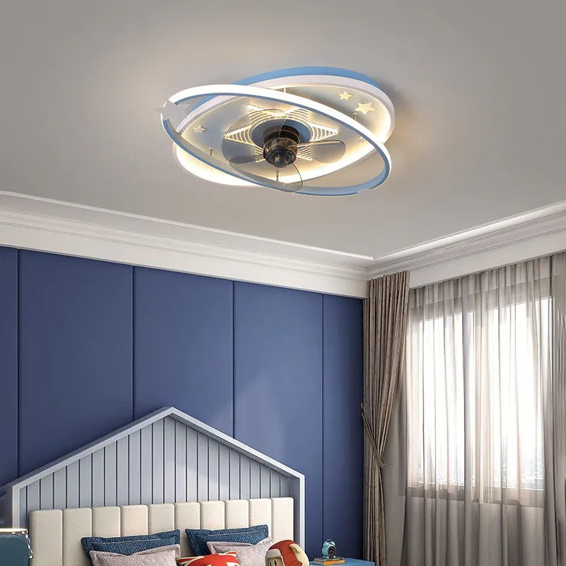 Modern blue children's bedroom chandelier with remote control on a ceiling