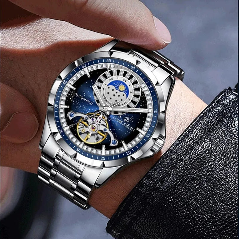 Men's silver alloy automatic mechanical watch with blue dial and stainless steel bracelet