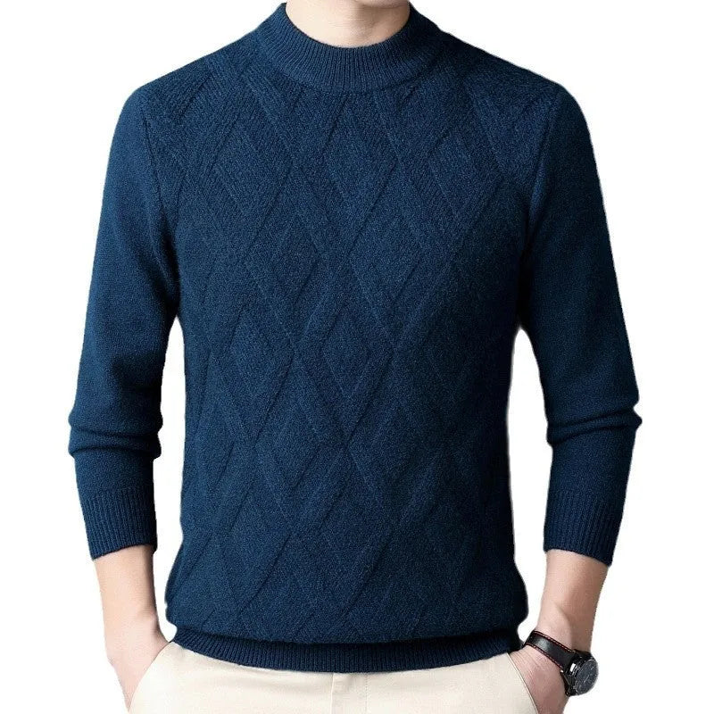 Men's thick winter wool blend pullover sweater with diamond jacquard pattern in a plus size fit.