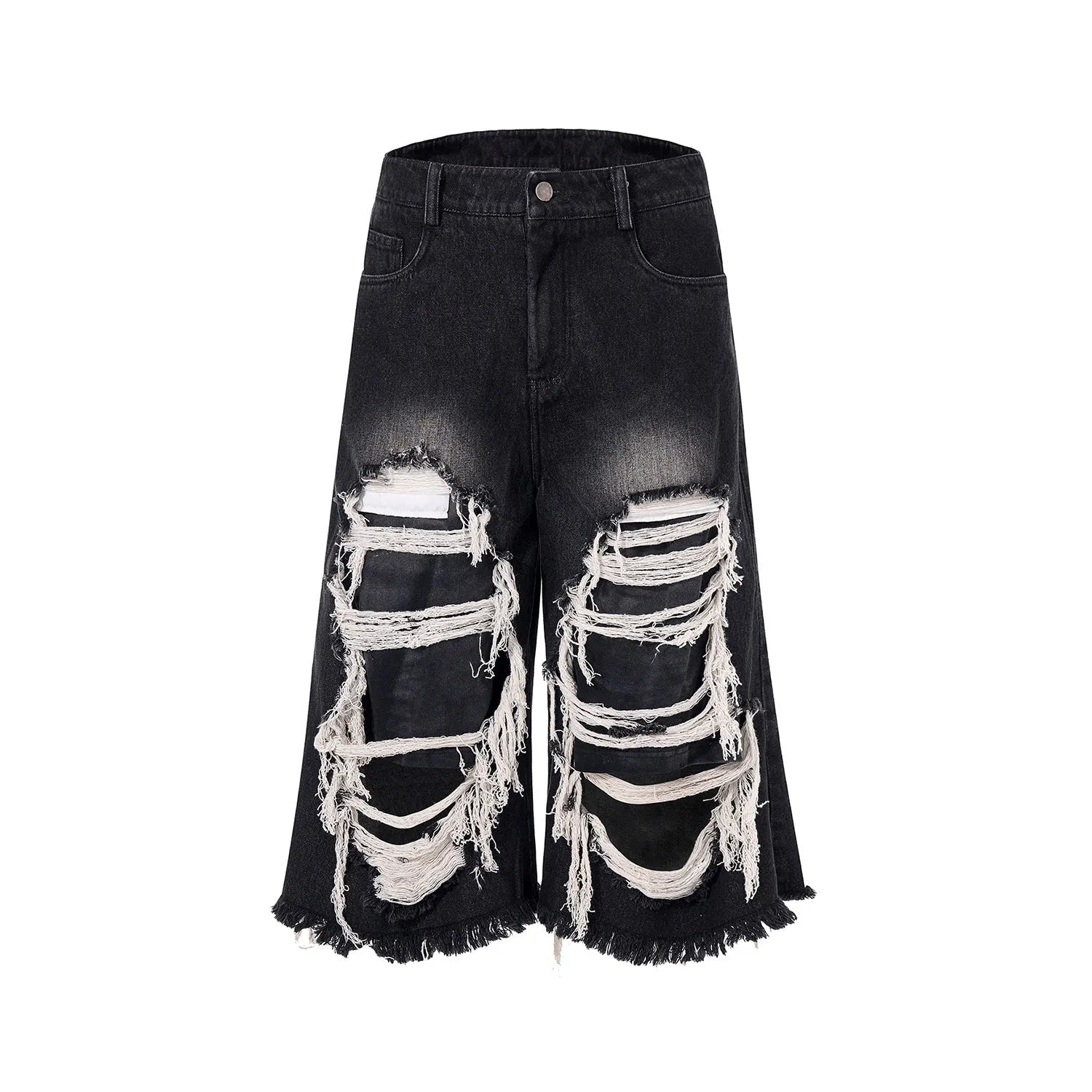 Black wide-leg cropped jeans with ripped patch detail on the legs, showing a mid-high waist and loose fit.