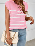 Women's striped sleeveless pullover top in acrylic knit, shown in multiple colour options.