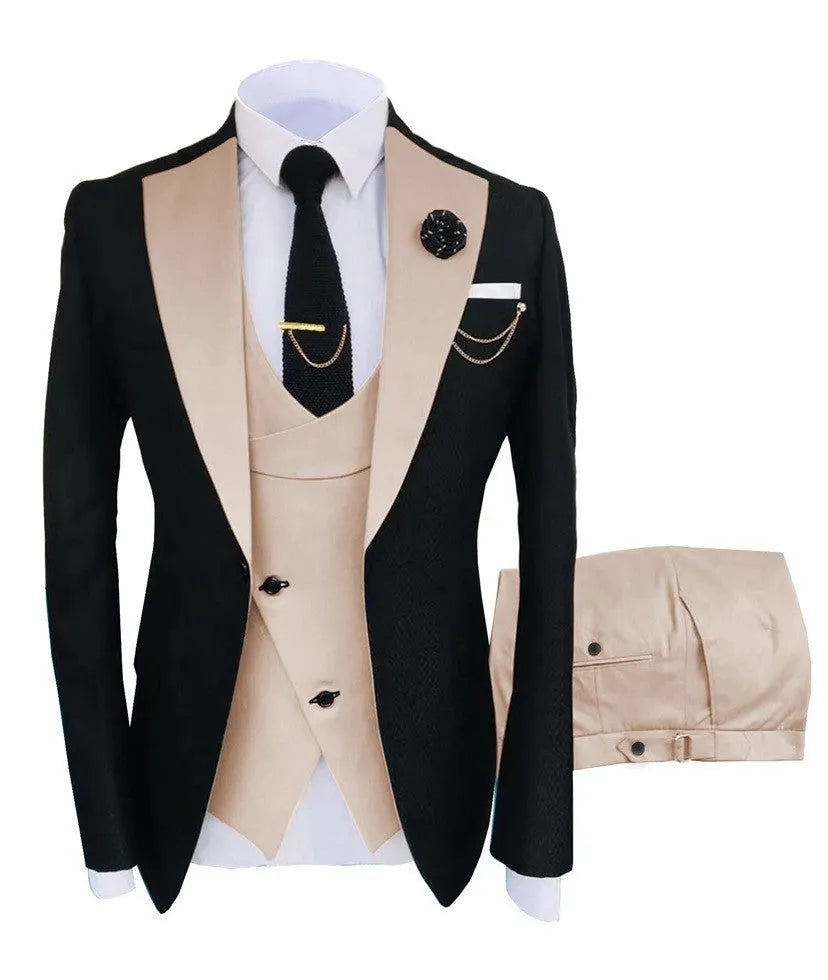 Men's slim fit cotton three-piece business suit showing coat, vest and trousers in black colour option