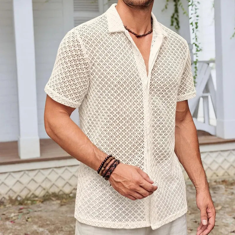 Men's short sleeve lapel cardigan shirt in cotton blend fabric for summer wear