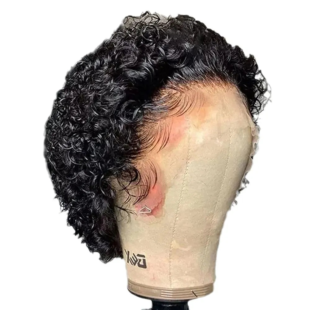 Black human hair pixie wig with lace front on mannequin head