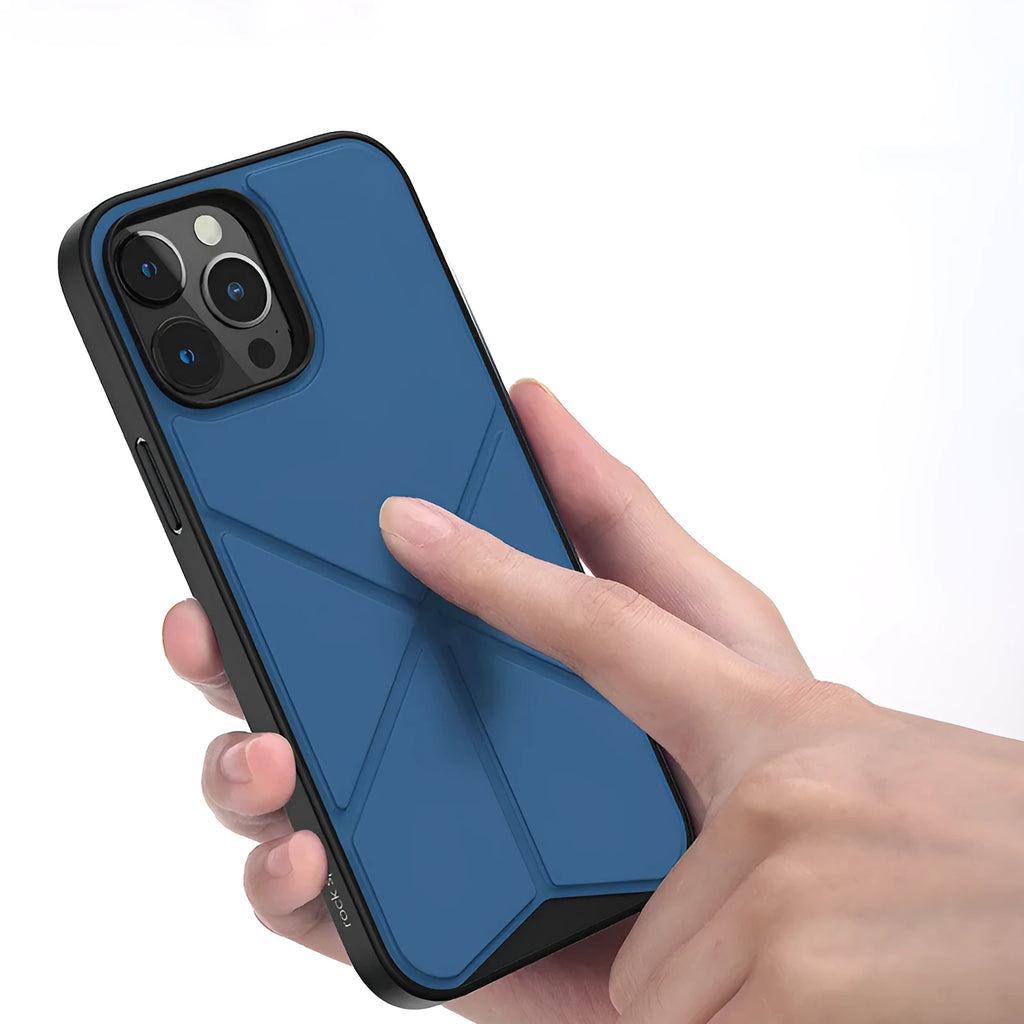 iPhone 13 clear stand case with folded-out phone holder in blue colour