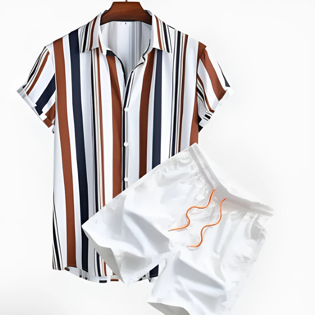 Men's short sleeve digital print suit set with matching shorts in polyester fabric