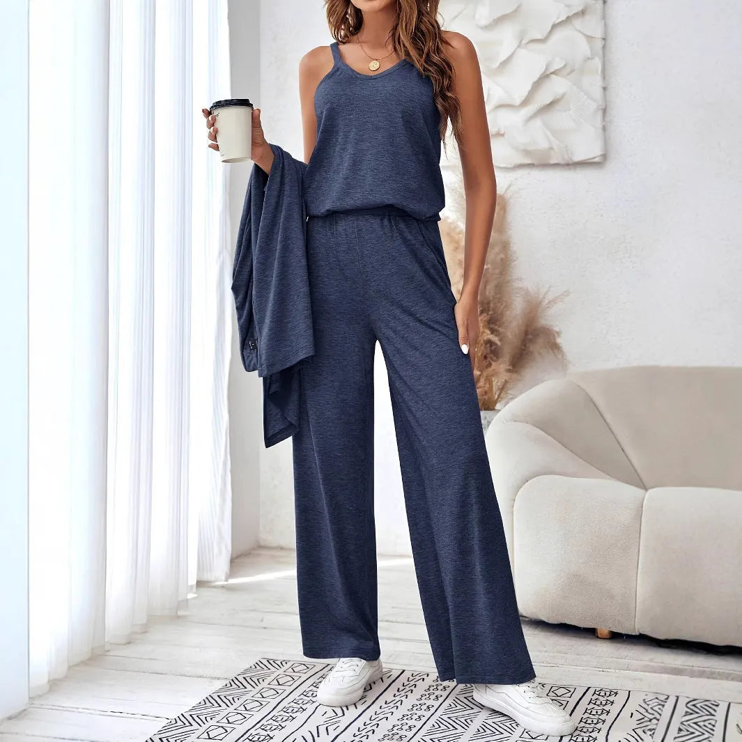 Blue women's casual suit set with cardigan, long trousers, and suspenders on a hanger.