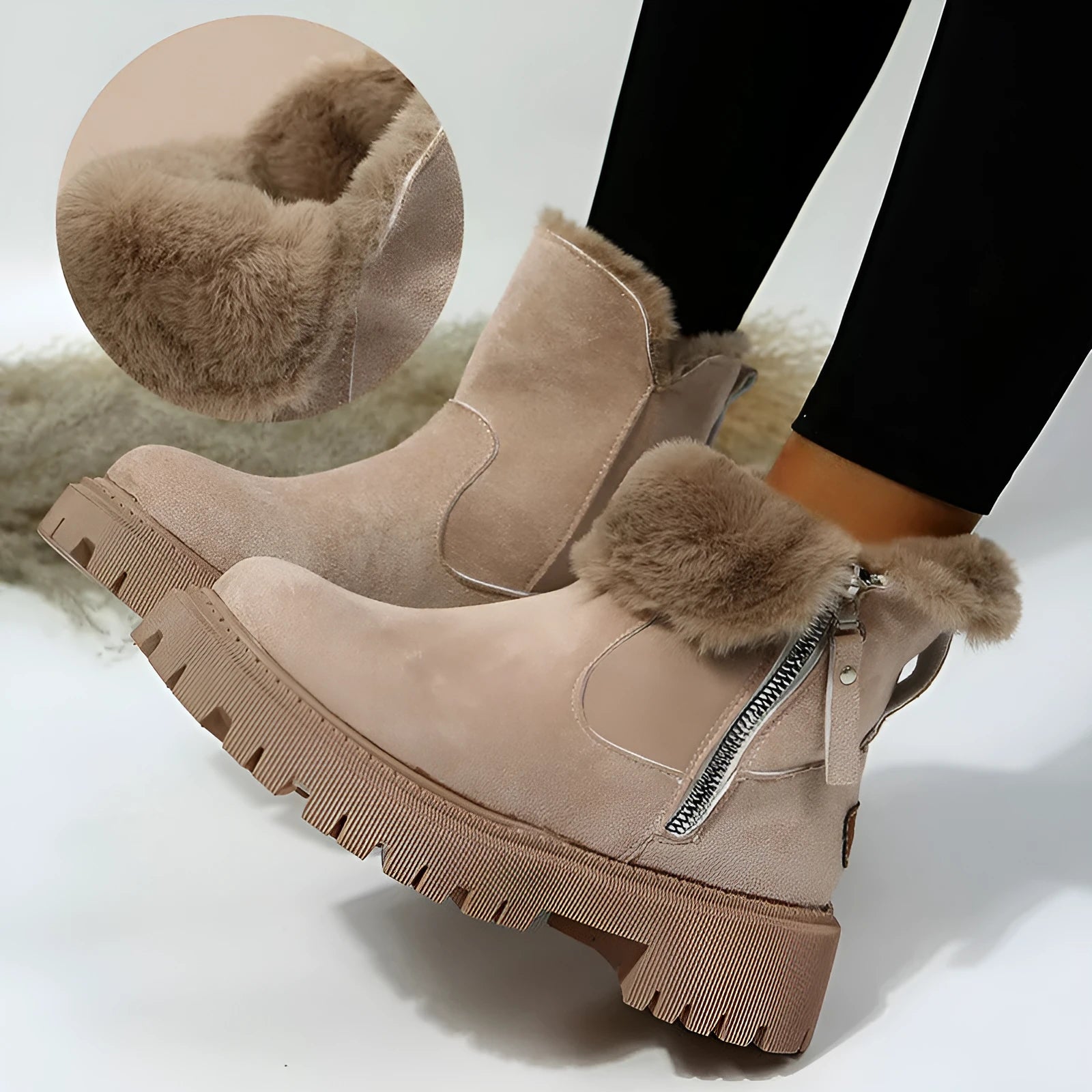 Women's black thick plush high-top snow boots with a side zipper and faux fur lining.
