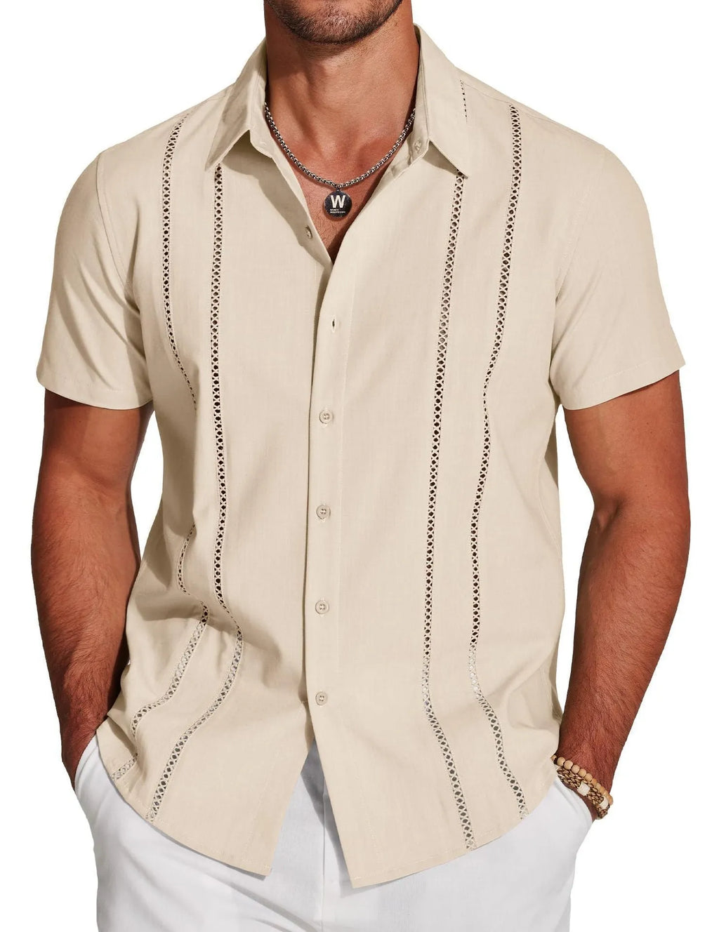 Men's slim fit short sleeve Hawaiian shirt with digital print pattern in elastic polyester fabric