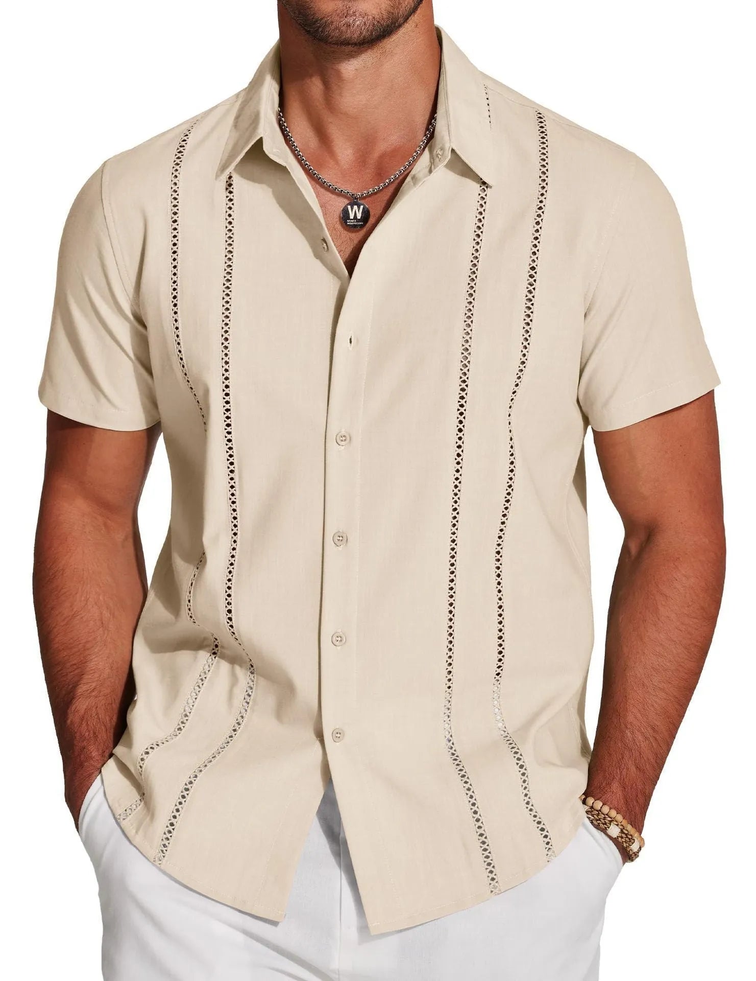 Men's slim fit short sleeve Hawaiian shirt with digital print pattern in elastic polyester fabric