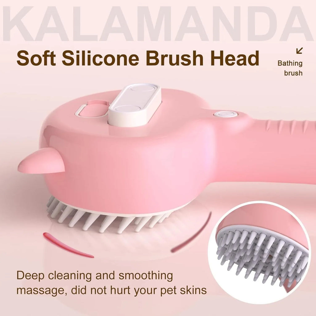 Blue pet steam brush with ergonomic handle and rubber bristles for grooming dogs cats