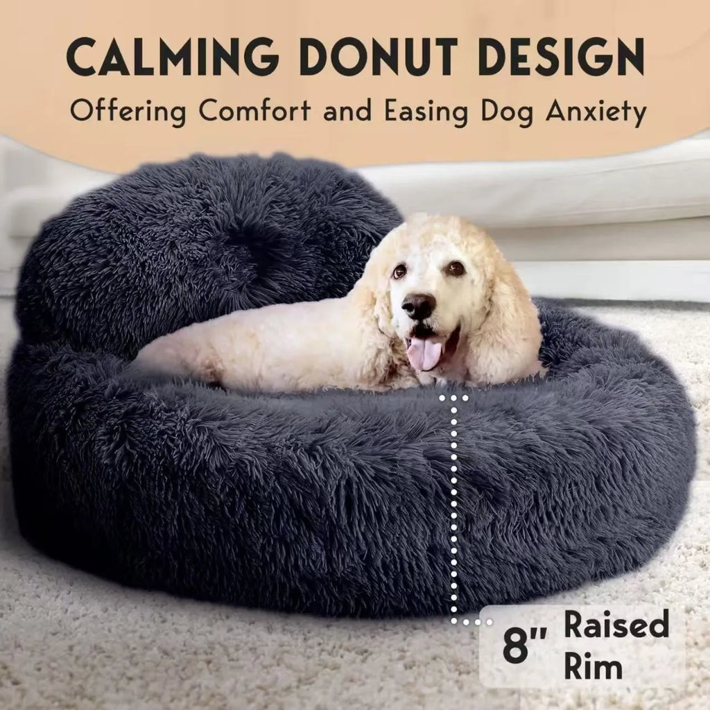 Round plush pet bed with raised backrest in khaki colour, 60cm diameter, suitable for small dogs and cats