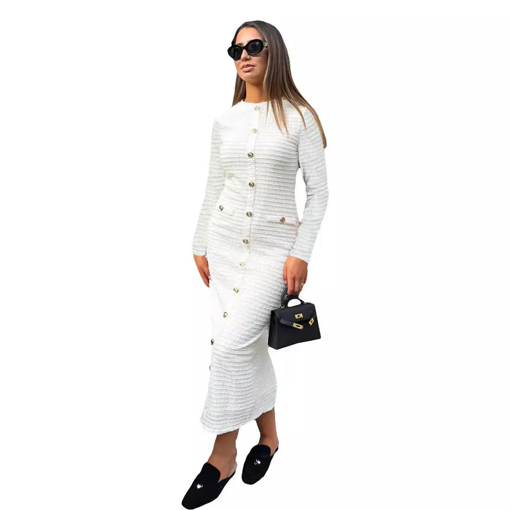 Retro slim fit knitted long-sleeved dress with one-step skirt and button detailing