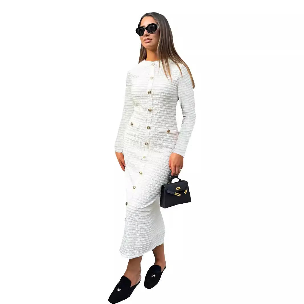 Retro slim fit knitted long-sleeved dress with one-step skirt and button detailing