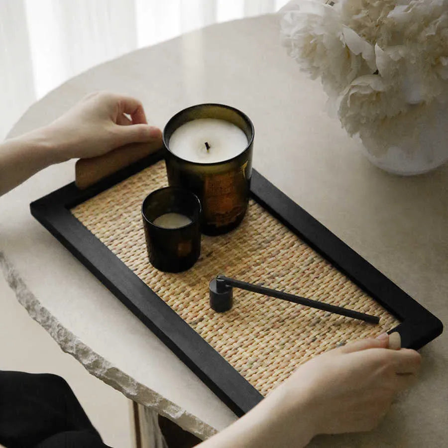 Pine wood serving tray with a central divided compartment for biscuits and snacks.