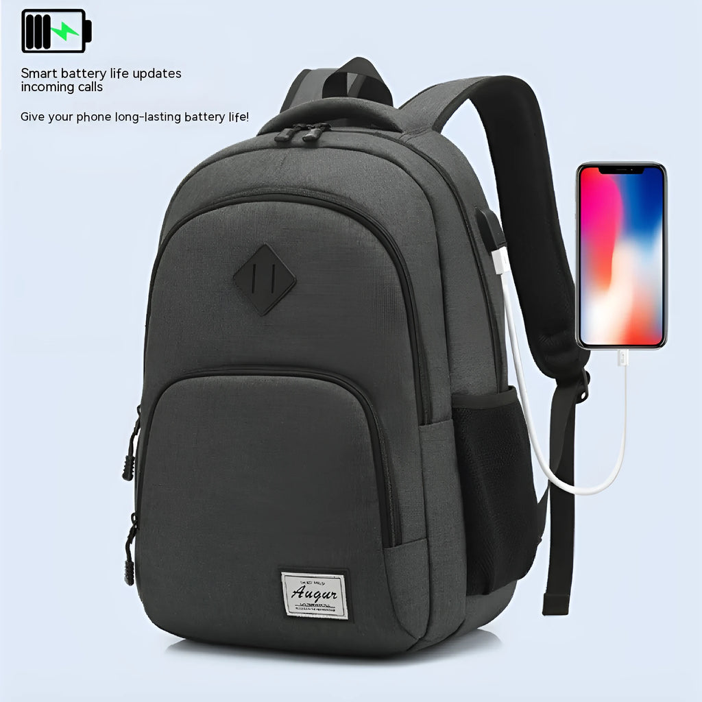 Black nylon backpack with USB charging port showing dimensions 32cm length 46cm height