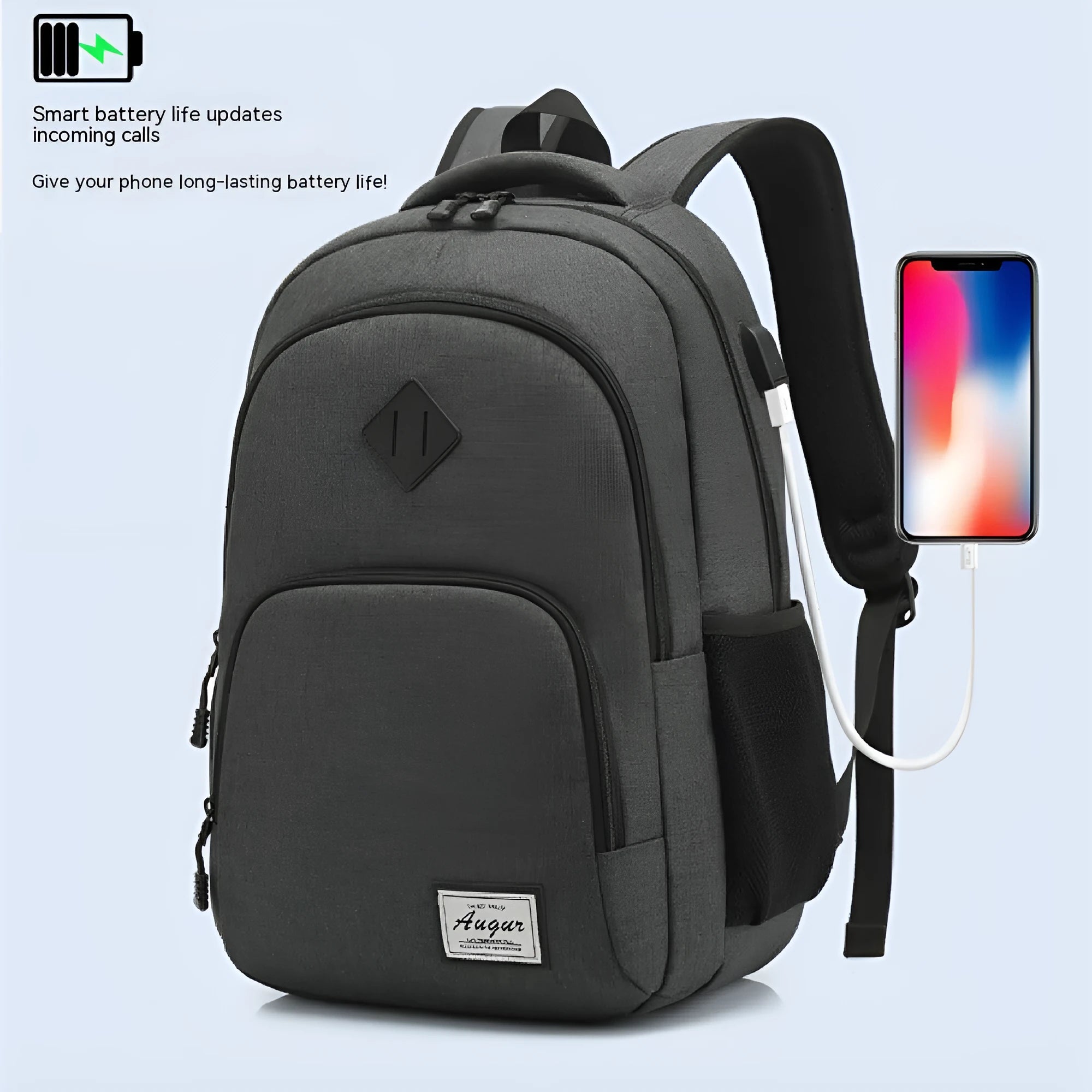 Black nylon backpack with USB charging port showing dimensions 32cm length 46cm height
