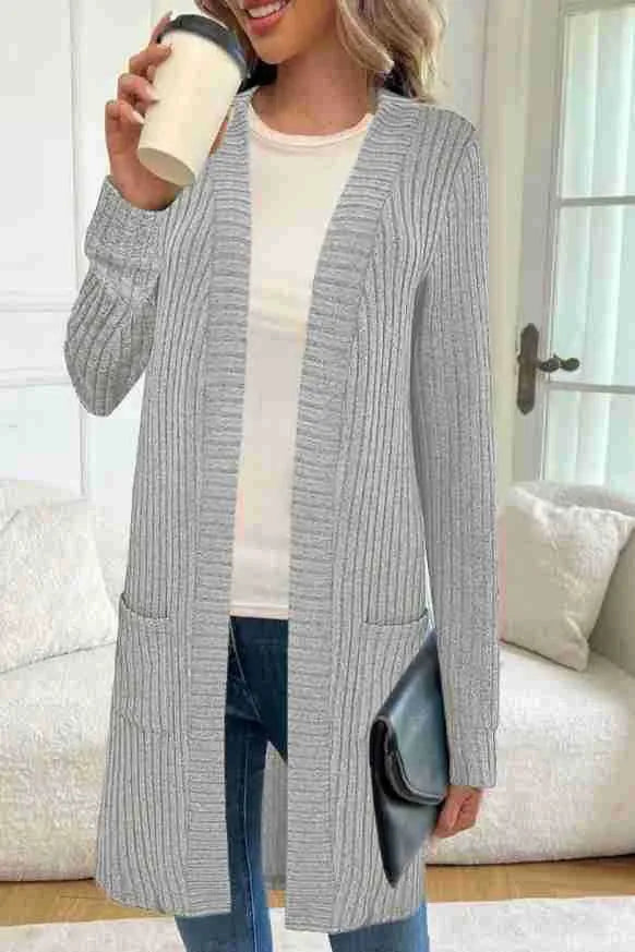 Long sleeve loose fit cardigan jacket with front pockets in polyester fabric