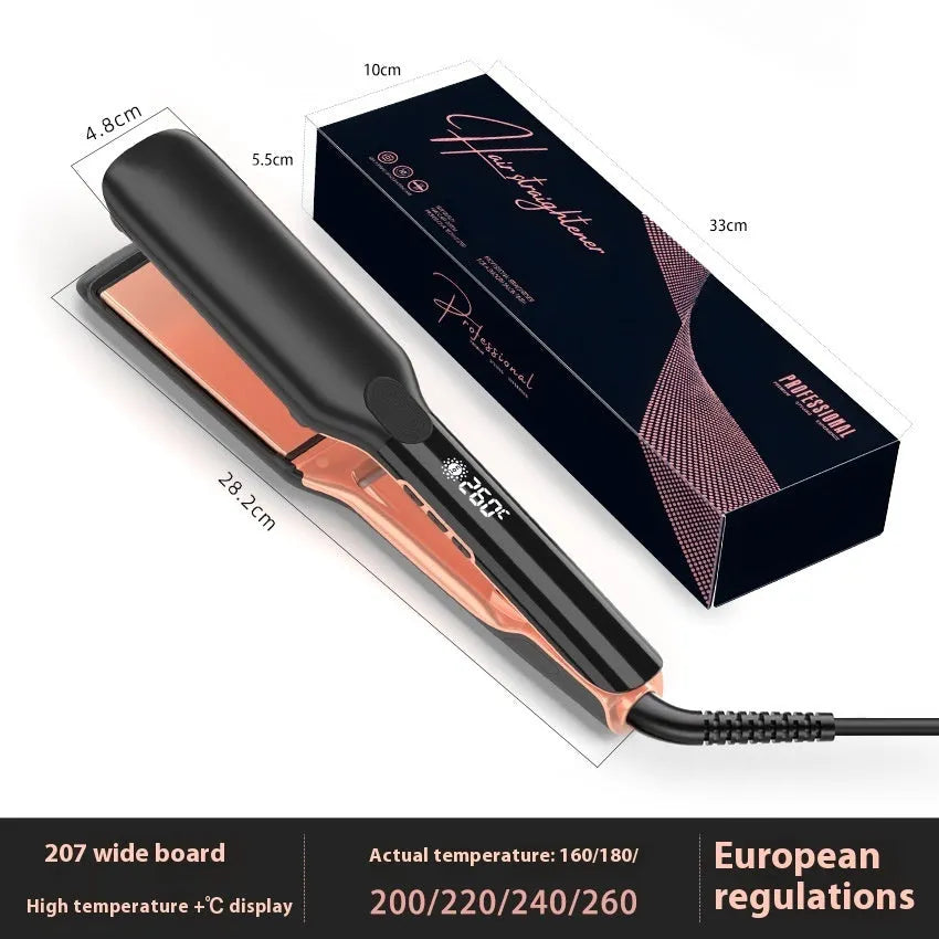 Hair straightener with digital temperature display showing 207℃ and EU plug