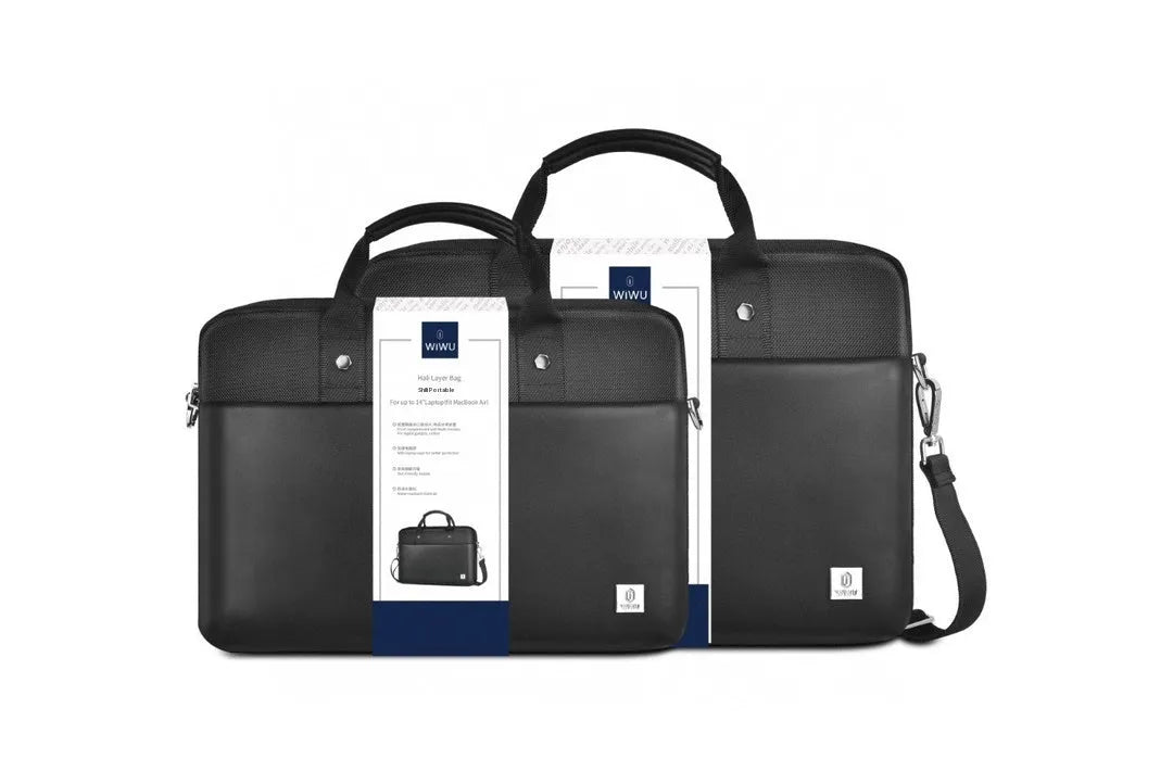 Black Oxford cloth laptop backpack showing multiple pockets, a lock, and padded laptop compartment.
