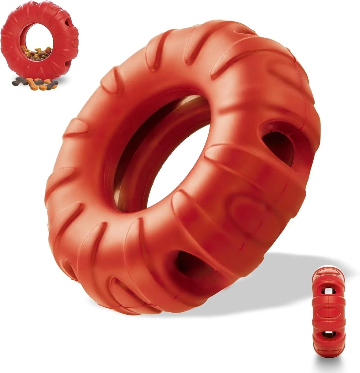 Blue natural rubber tyre-shaped dog chew toy with treat openings for slow feeding