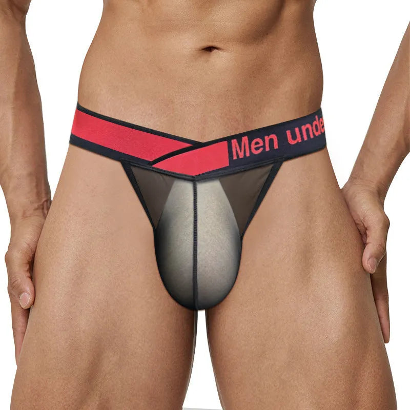 Men's transparent ice silk briefs with large V gradient high fork design in red colour