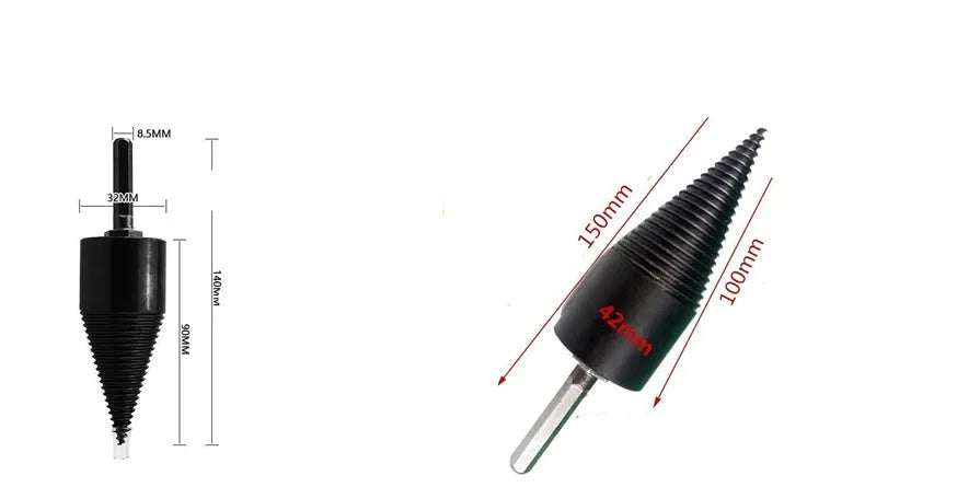 Hexagonal firewood splitting drill bit for electric hand drills in 32mm and 42mm sizes