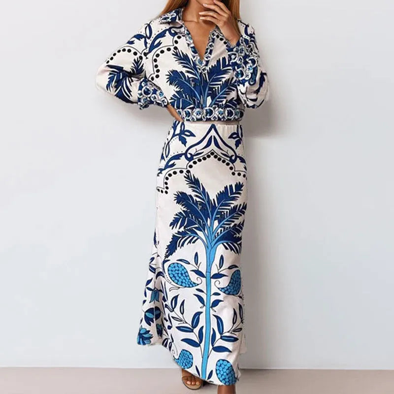Women's casual co-ord set with long sleeve top and matching long skirt in picture colour