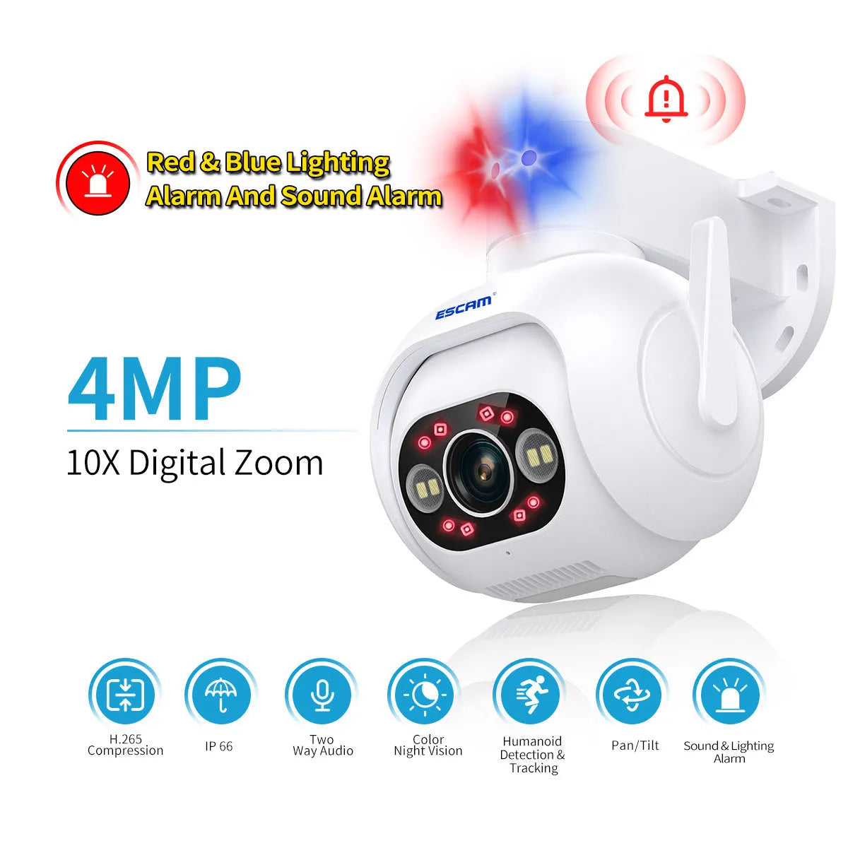 White plastic Smart Colour Night Vision H265 security camera with wall mount bracket