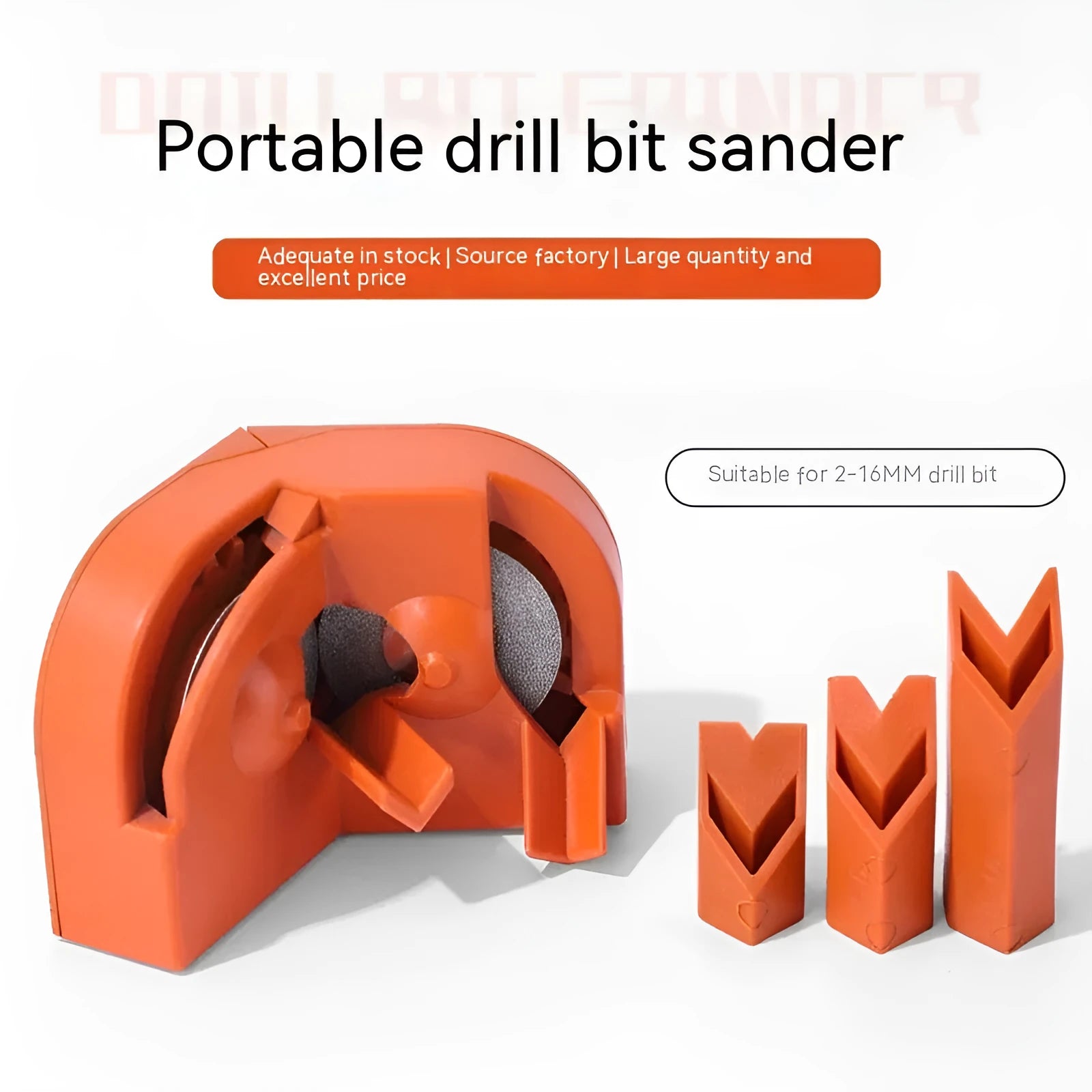 Universal portable grinding drill tool with orange and black sanding wheels attached for irregular surface work