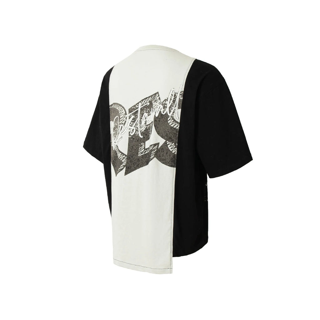 Black and white deconstruction print oversized t-shirt with stitching detail on cotton blend fabric