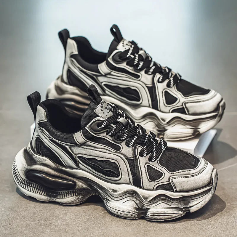 Men's black mesh sneakers with brush colour pattern, platform heel, and lace-up front.
