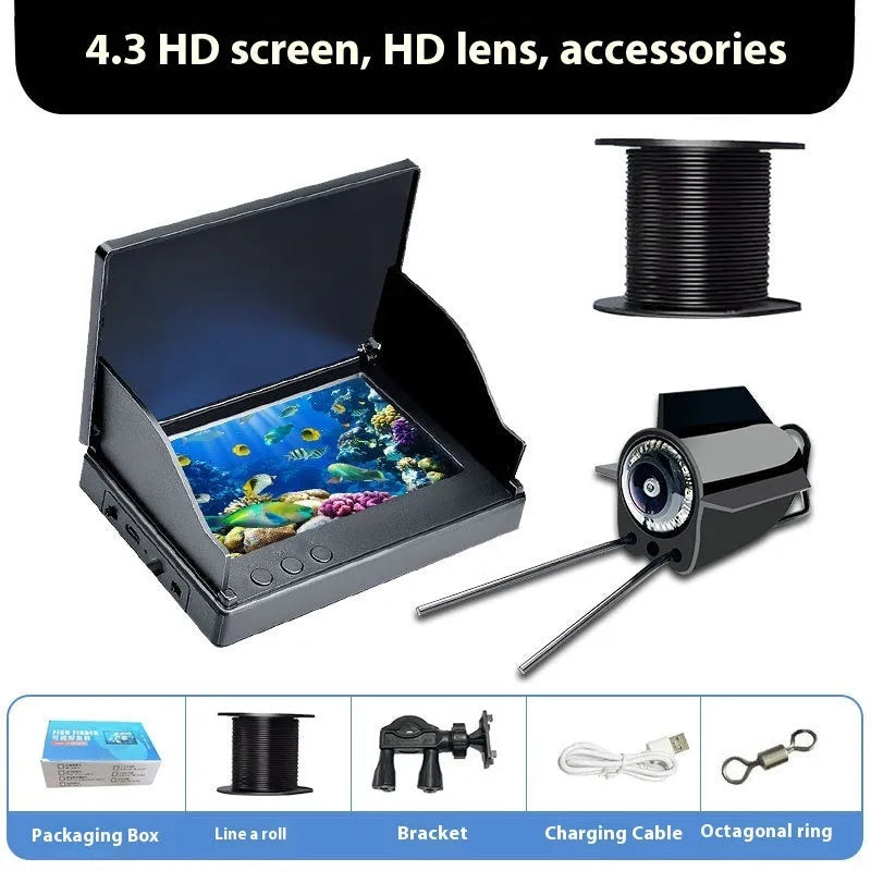 Underwater fish finder camera with 4.3-inch screen, showing a choice of 15, 20 or 30 metre cable options.