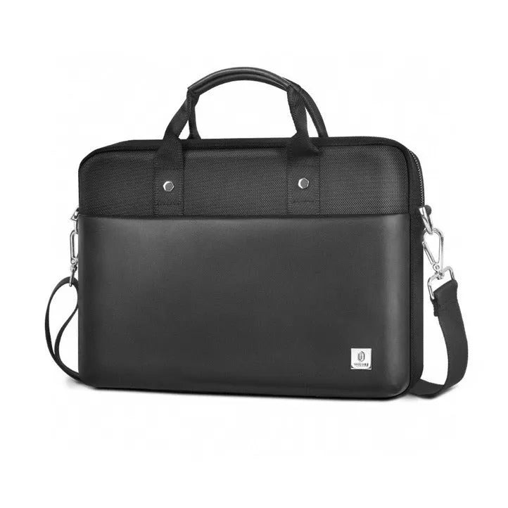 Black Oxford cloth laptop backpack showing multiple pockets, a lock, and padded laptop compartment.