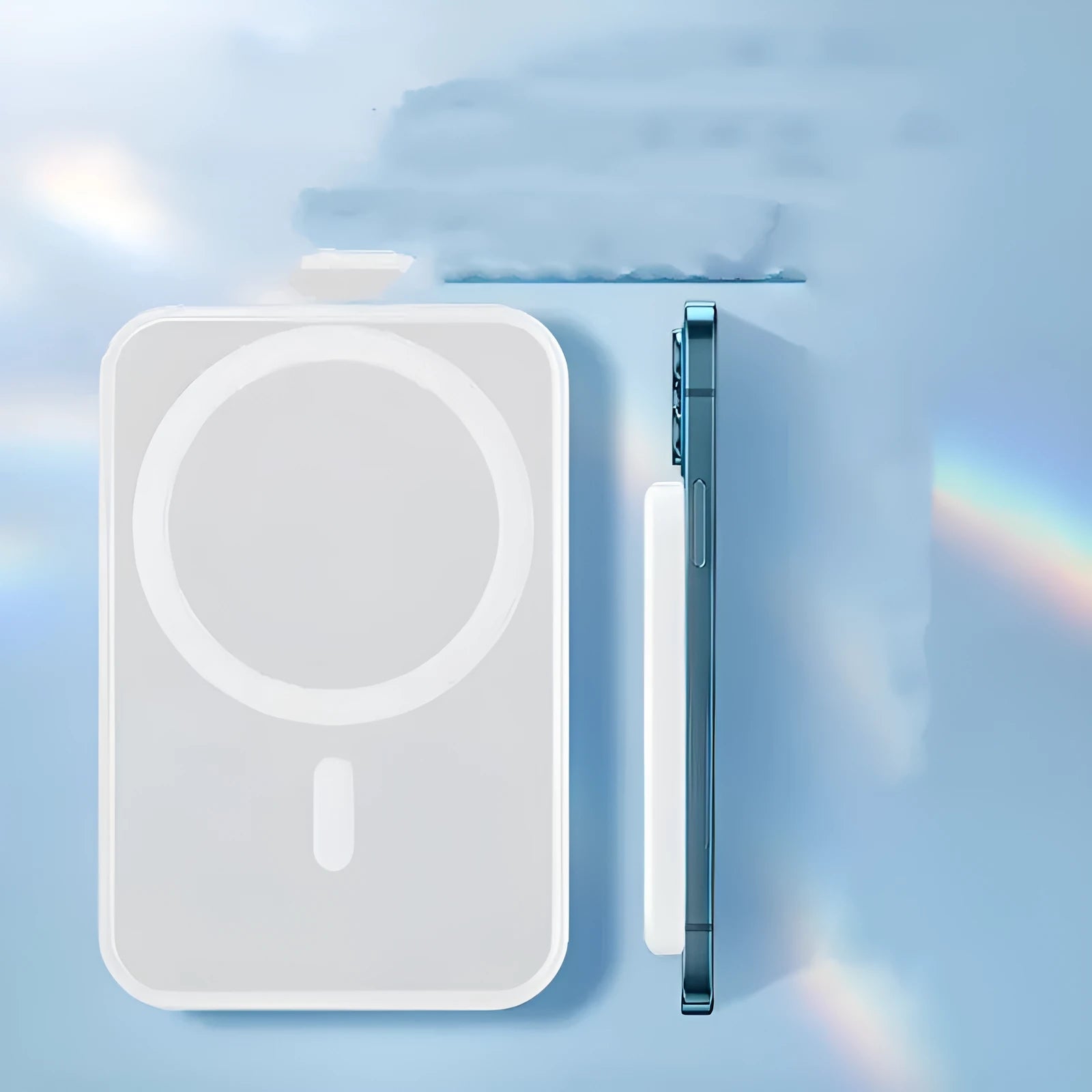 White magnetic wireless charging power bank with 5000mAh capacity measuring 100x65x16mm