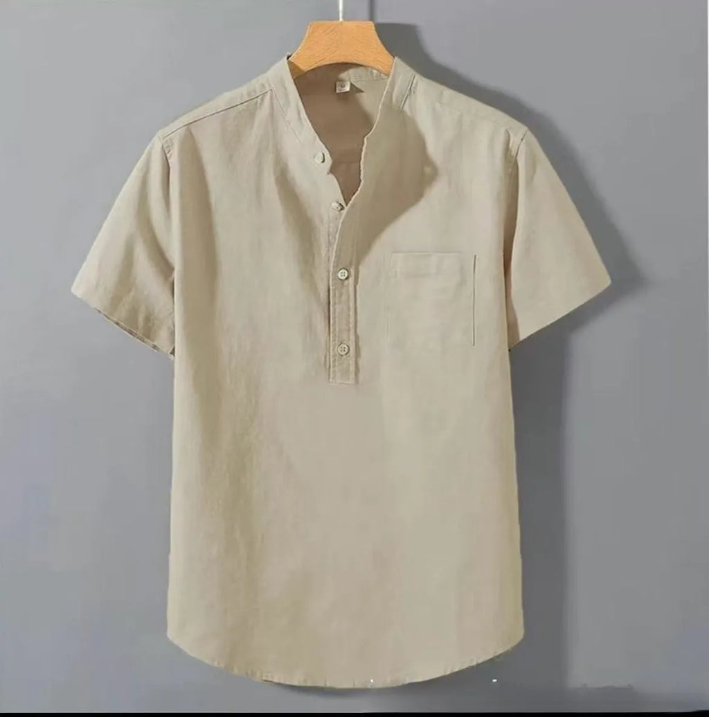 Men's beige loose-fit linen short sleeve shirt with a stand collar on a hanger.