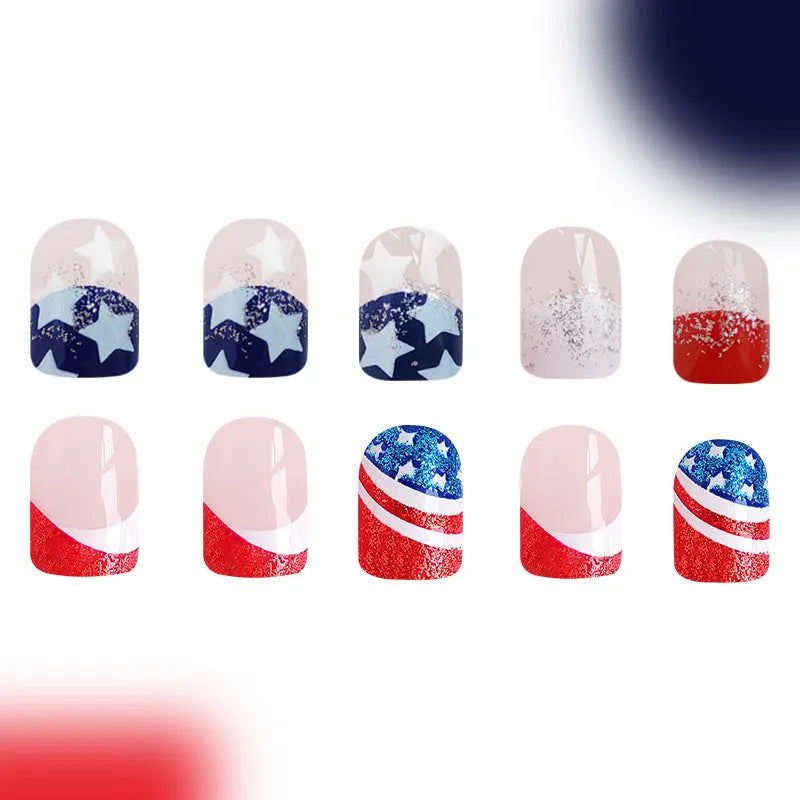 False nail set with American flag and five-pointed star Independence Day design in three colour combinations