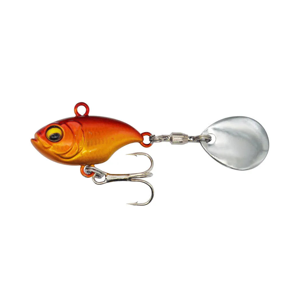 Metal sea fishing lure with rotating sequins shown in multiple colour options including zebra orange and gold.