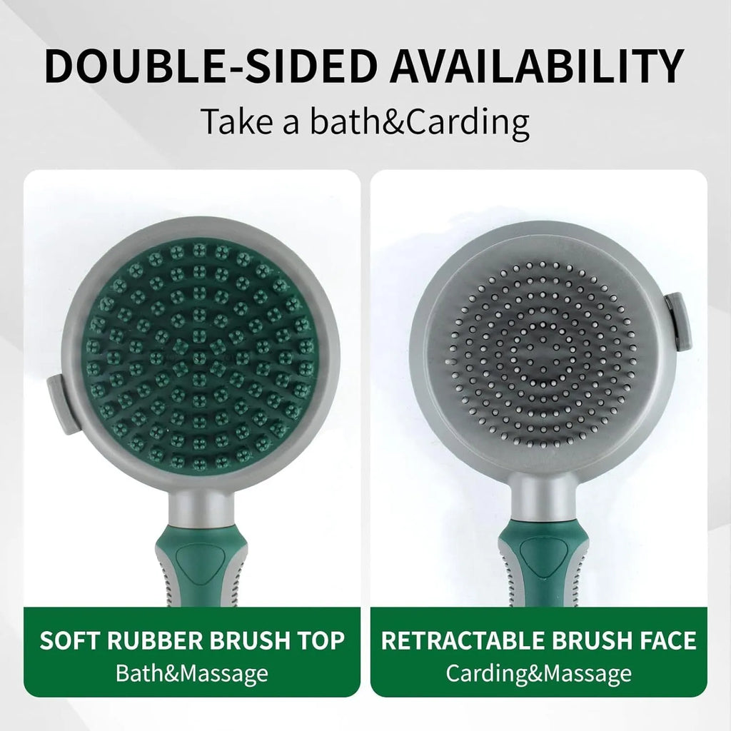 Green two-sided silicone pet brush with retractable slicker on one side and octopus-teethed massager on the other