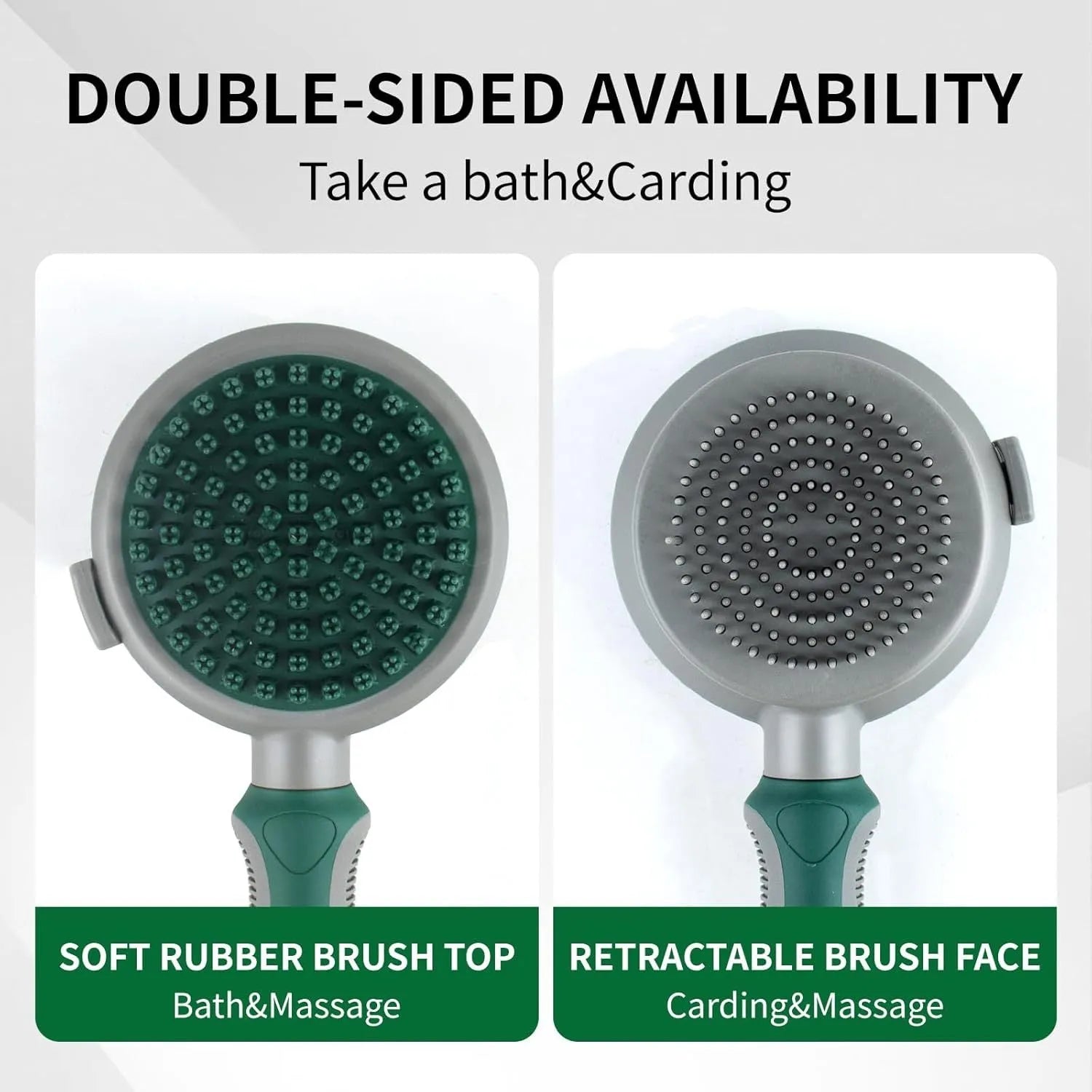 Green two-sided silicone pet brush with retractable slicker on one side and octopus-teethed massager on the other