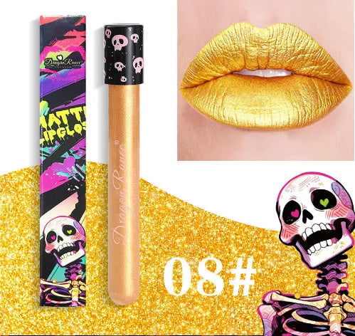 Halloween retro matte lip gloss in test tube skull packaging showing gold silver colours