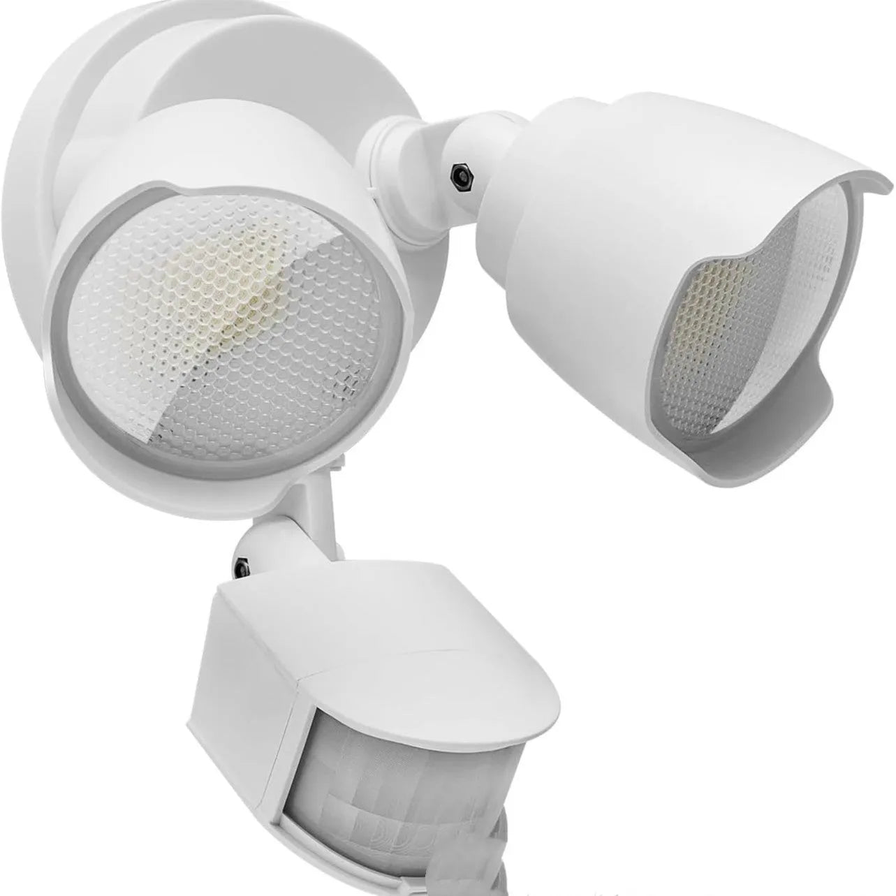 White 120V LED security flood light with motion sensor for outdoor courtyard and garage installation